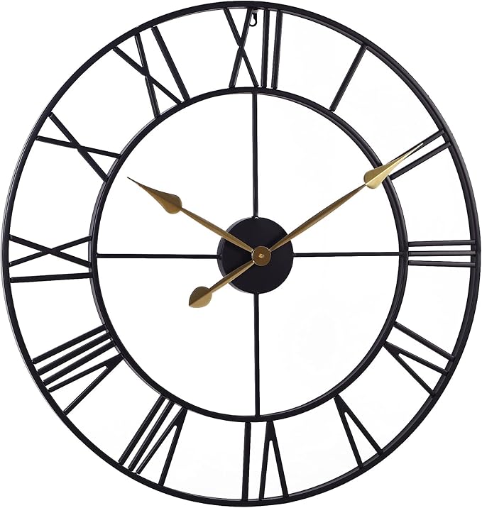 INFINITY TIME 30 Inch Wall Clocks for Living Room Decor, Oversized Modern Black Metal Roman Numeral Wall Clock Decorative(Gold Hands)