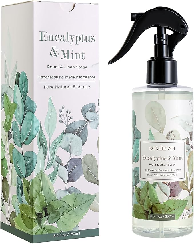 ROMIIE ZOI Linen & Room Air Freshener Spray Room Mist, with Natural Plant Extract, Eucalyptus & Mint Scent, 8.5 FL OZ.