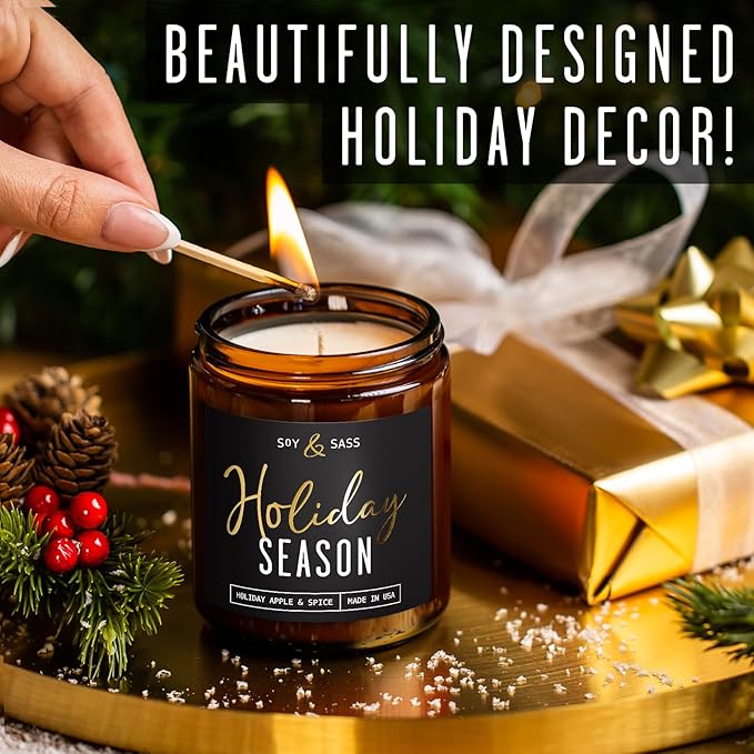 Holiday Candles, Christmas Candles Scented – ‘Holiday Season’ Soy Candle, w/Apple, Cinnamon & Clove - Infused with Essential Oils I Holiday Candle I 9oz, 50Hr, Made in USA