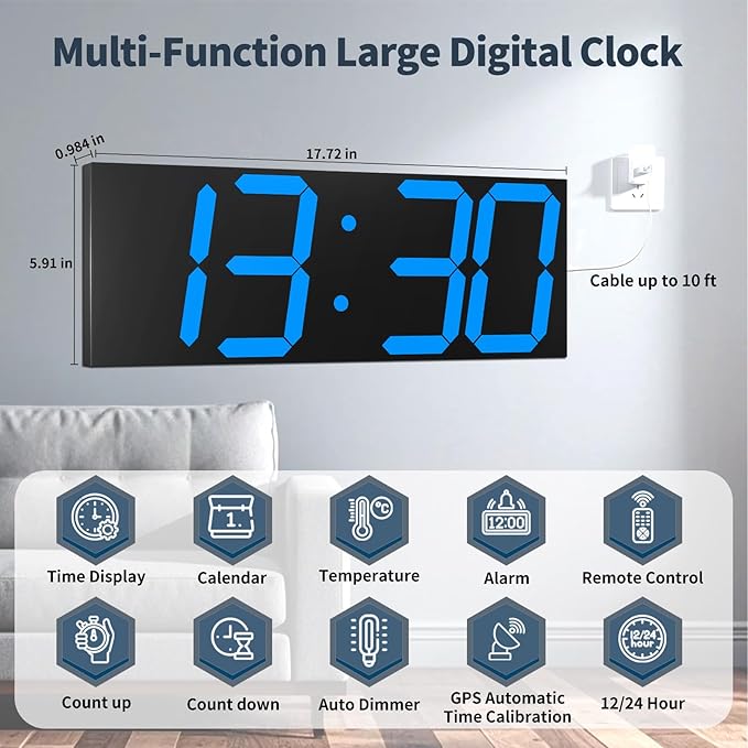 18.7'' Automic Digital Wall Clock, LED Wall Clock with Large Display, Multi-Function Clock with Alarm and Timer, Auto Time Sync Digital Clock with Adjustable Brigthness(Blue)