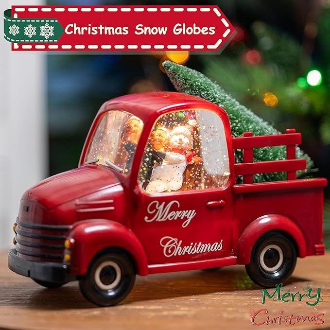 Snowman Christmas Snow Globes Red Truck Carrying Christmas Tree Water Lantern, 8 Christmas Music, Holiday Decorations Gifts for Family, Children or Friends