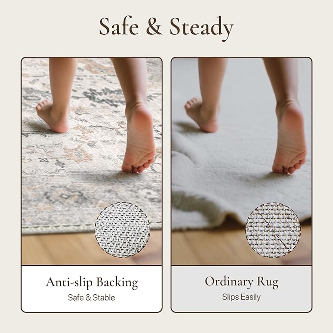 GENIMO 9x12 Area Rugs for Living Room, Non Slip Machine Washable Vintage Rugs, Low Pile Lightweight Chenille Print Large Rug for Bedroom, Dining Room, Home Office, Light Taupe Brown