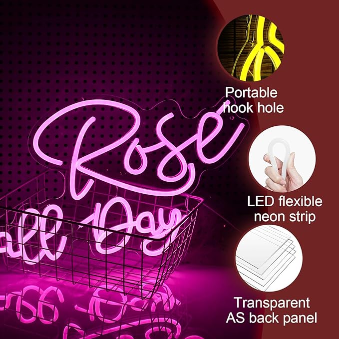Rose All Day Neon Sign LED Pink Rose Neon Light For Wall Decor Dimmable USB Words Light Up Sign for Bedroom Wedding Party Atmosphere Decor Lovers Gift(12.2 * 16.1 In)