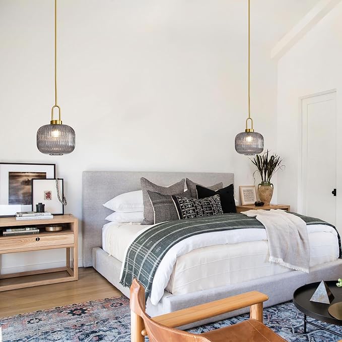 Modern Smoky Gray Glass Pendant Light Fixtures, Mid Century Pendant Lights for Kitchen Island, 9.8" Gold Adjustable Height Ceiling Hanging Light Fixtures for Dining Room Entryway Foyer Hallway