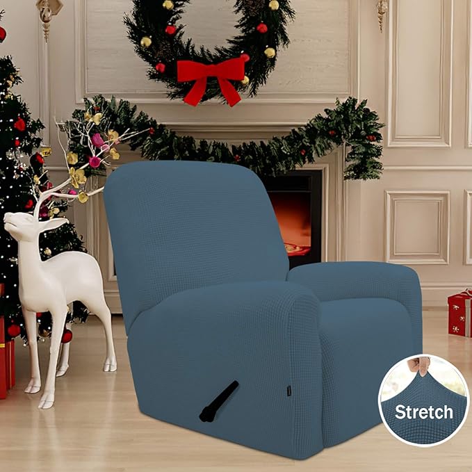 Easy-Going Recliner Stretch Sofa Slipcover Sofa Cover 4-Pieces Furniture Protector Couch Soft with Elastic Bottom,Polyester Spandex Jacquard Fabric Small Checks(Recliner,Bluestone)