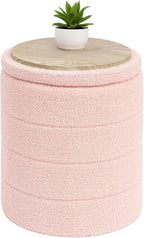 B FSOBEIIALEO Ottoman with Stroage, Round Sherpa Storage Ottoman Stool, Boucle Foot Rest 14.6"x14.6"x17.7"（Pink