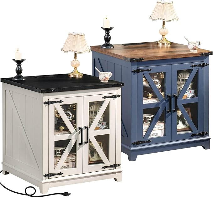 Farmhouse End Table with Charging Station, 24" Large Sofa Side Table with Glass Barn Door, Green Nightstand with Adjustable Storage Shelf, Wood Square Bedside Table for Living Room, Bedroom
