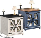 Farmhouse End Table with Charging Station, 24" Large Sofa Side Table with Glass Barn Door, Green Nightstand with Adjustable Storage Shelf, Wood Square Bedside Table for Living Room, Bedroom