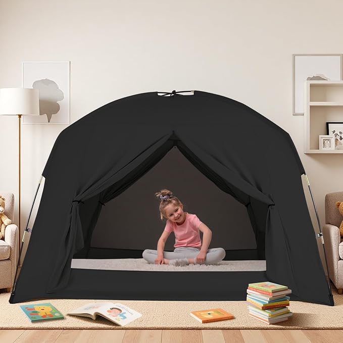 Bed Tents for Kids and Adult, Portable 100% Breathable and 93% Blackout Toddler Dream Play Tent, 3 Doors Big Privacy Space Sleeping Canopy for Floor or Twin Full Queen Sizes Bed (Black, Queen-Size)