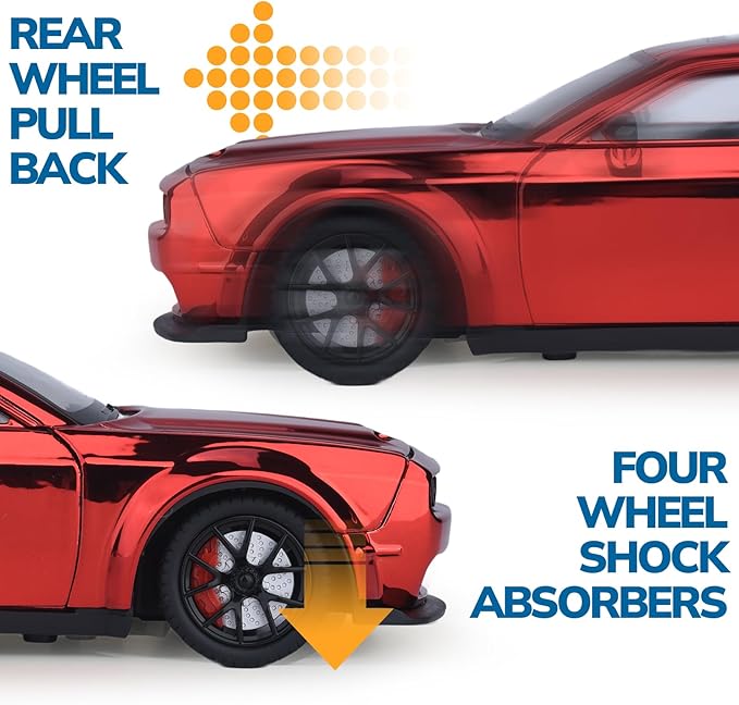 Car Toys for Boys 1/24 Diecast Cars Hellcat SRT Collectibles Model Kit,Pull Back Metal Toy Car with Lights and Sounds,Toy Cars for Boys Age 4-7（Metallic Red）