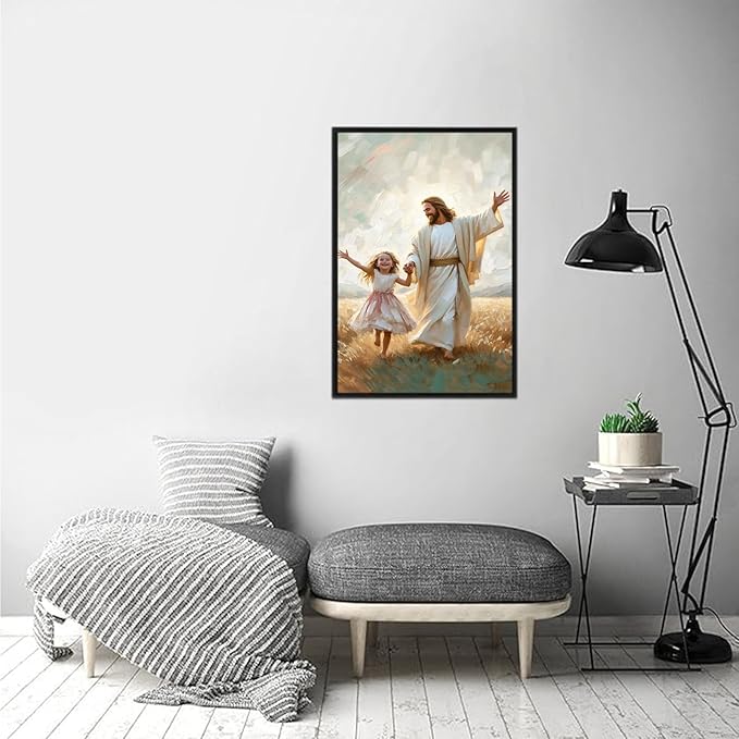 XWNLTEPK Dancing Day Christian Painting Jesus With Girl Christian Wall Art Bible Jesus Dancing With Little Girl Print Canvas Wall Art Poster