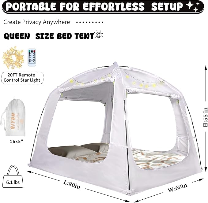 Bed Tent Bed Canopy Queen Size for Kid and Adults 100% Breathable Tents 4 Doors 80% Blackout - Indoor Portable Sleeping Tents Privacy Large Space with String Light