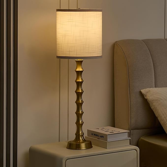 30.5" Gold Table Lamps for Living Room, Gold Buffet Lamp Set of 2 for Sideboard, Modern Golden Lamps Set of 2 Tall Skinny, Tall Golden Bamboo Lamp for Home Office, Skinny Candlestick Lampset