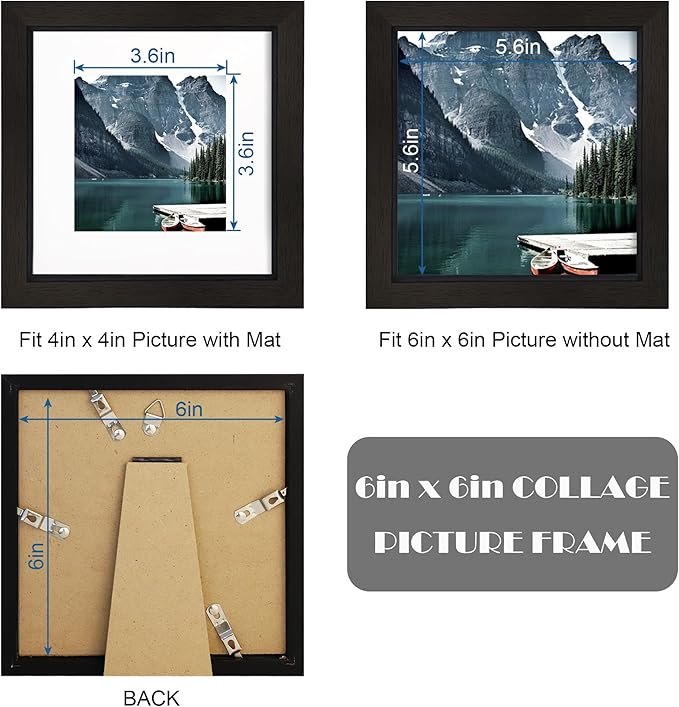 6x6 Black Picture Frames set of 3, Made of Wooden and Real Glass Square Photo frame - Displays 4x4 Picture With Mat or 6 x 6 Without Mat, Desktop & Wall Collage Frame set
