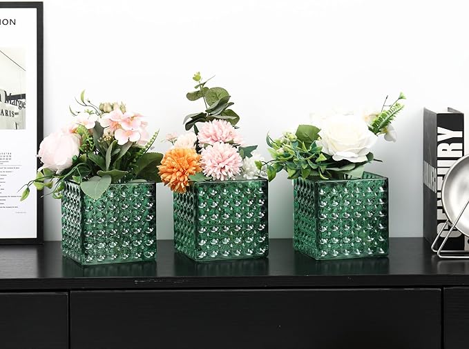 Square Vases Set of 6, 5" x 5" x 5" Square Glass Vases for Flowers, Green Flower Vase for Centerpieces, Small Bubble Vase for Wedding, Party, Home, Office, Parties, Events