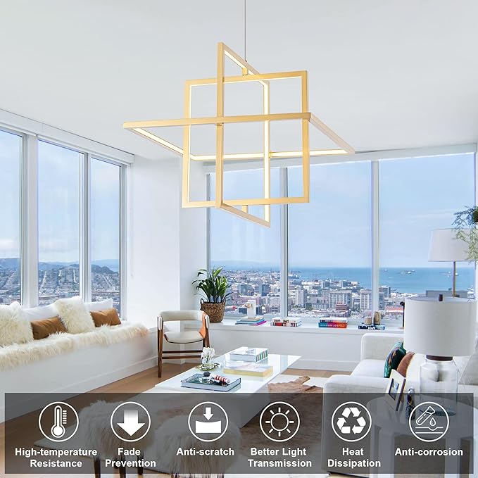 Modern LED Chandelier Led Pendant Light Square Contemporary Chandelier Hanging Light Dimmable for Living Room, Dining Room, Bedroom, Kitchen, Stydy Room 90W 3000K/4000K/6000K Optional,Gold