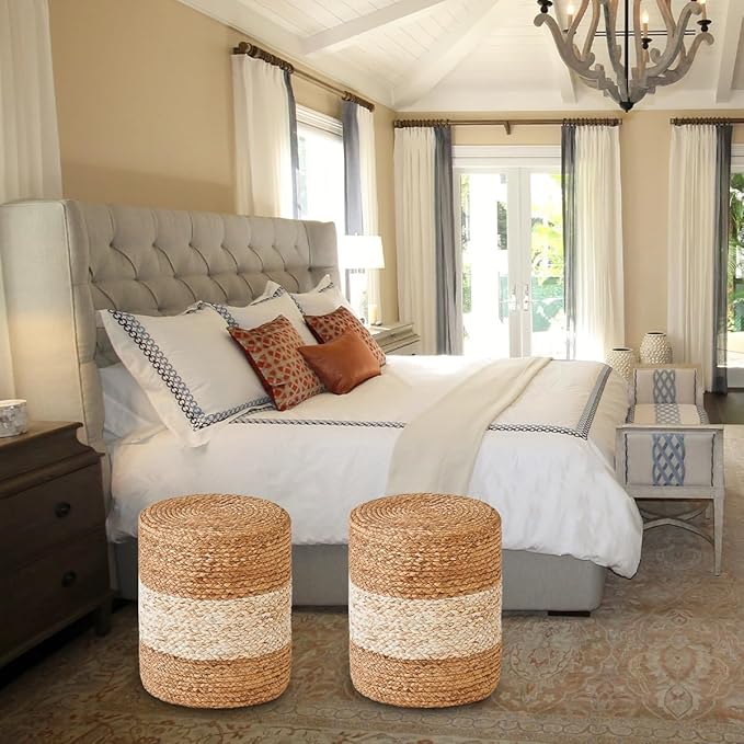 Wimarsbon Foot Stool Ottoman Round Natural Seagrass Footrest Stool Hand-Woven Boho Pouf Ottomans Home Decor Footstool Extra Seating for Living Room Bedroom Entryway White