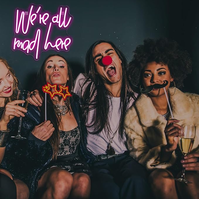 WLHOPE We're All Mad Here Neon Sign, Dimmable LED Neon Signs For Wall Decor,Connectivity Via USB Neon Light For Bedroom Home Dorm Wall Wedding Party Bar Pub Salon Decoration,Personalized Gift