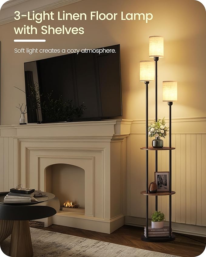 Floor Lamp with Shelves, Modern Floor Lamp with 3 Linen Shades and Foot Switch, 3-Light Standing Lamp, for Living Room, Bedroom, Study, Office, Rustic Brown and Beige EF53LD05