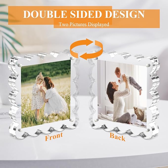 Clear Picture Frames 3Pack - Acrylic Magnetic Photo Frame 4×4 Inch, Double Sided Magnet Frames with Scalloped Edges, 10+10mm Thick Freestanding Gift for Office/Home(Clear, 4x4)