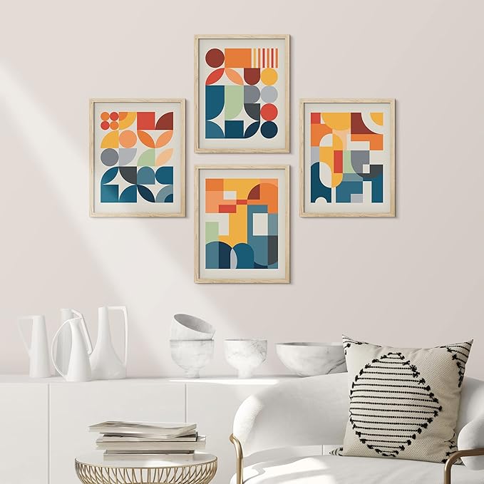SIGNWIN Framed Mid-Century Modern Colorful Geometric Polygons Wall Art, Set of 4 Abstract Geometric Wall Decor Prints, Nature Wilderness Wall Décor for Living Room, Bedroom - 11"x14" Natural