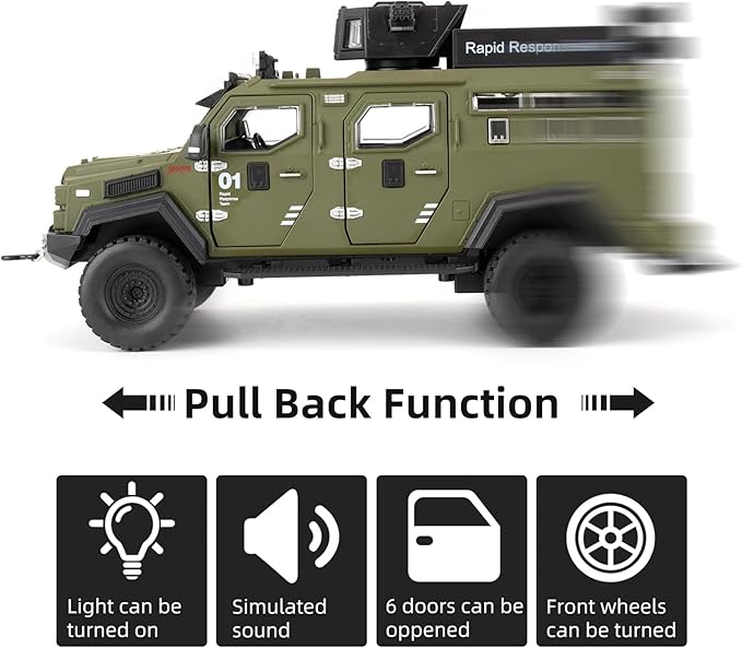 Compatible for 1:24 Saber-Toothed Tiger Alloy Armored Car Model, Collectible Diecast Armoured Explosive Protected Vehicle Toy, Pull Back Toy Car with Sound and Light for Adult Kids (Green)