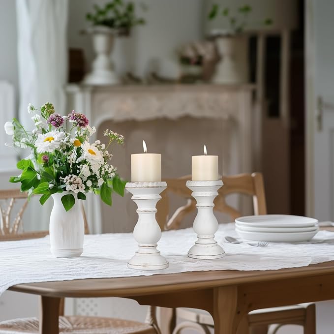 Candle Holder for Pillar Candle Set of 2, Farmhouse Wood Candle Holder, Rustic Wooden Candle Stand, Vintage Wooden Candlestick Holders Decorative for Living Room, Table Centerpiece, Antique White