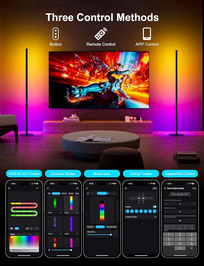 RGB IC Corner Floor Lamp, Upgraded LED Corner Lamp APP and Remote Control, 16 Million Colors and Warm White, Music Sync, Timing Function, Color Changing Ambient Light for Living Room Bedroom Gaming
