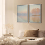 SIGNFORD Framed Canvas Print Wall Art Set Pastel Lake Landscape Serene Sunrise Water Reflection Illustration Modern Art Decorative Nordic Nature for Living Room, Bedroom, Office - 16"x24"x2 White