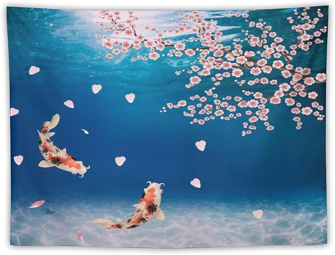 Japanese Koi Fish Tapestry, Cherry Blossoms Asian Oriental Blue Floral Branch Koi Fish Carp Tapestries Wall Hanging for Bedroom Living Room Office Decor 60"x50"