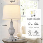 Farmhouse Table Lamps for Living Room, Rustic 26" Touch Control Bedside Lamps with USB A+C Charging Ports & AC Outlet, Vintage 3-Way Dimmable Nightstand Lamp Linen Fabric Shade for Bedroom End Table