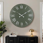 Large Wall Clock with Roman Numeral, 35” Shiplap Wall Clock Farmhouse Nearly Non-Ticking, Round Clock for Living Room Decor, Office, Bedroom, Entrance, Green