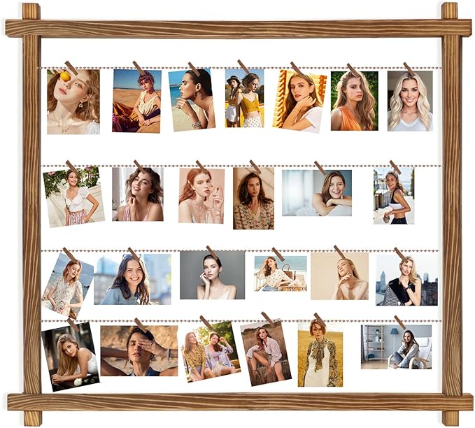 Collage Picture Frame,Photo Display Board,Hanging Pictures Frames with Clips for Graduation Birthday Party,Dorm Photo Card Wall Decor Hanger Holder,Upgraded,Easy To Assemble,Large(Carbonized Brown)