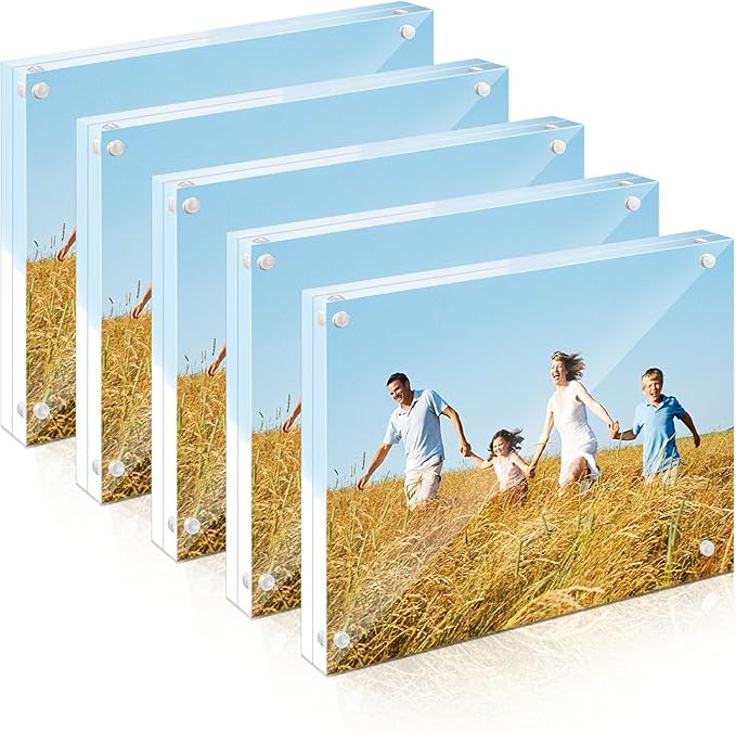Golden State Art 6x8 Acrylic Picture Frames 5 Pack, Frameless Clear Photo Frame, Double Sided Freestanding, Tabletop Display for Home Office Desk