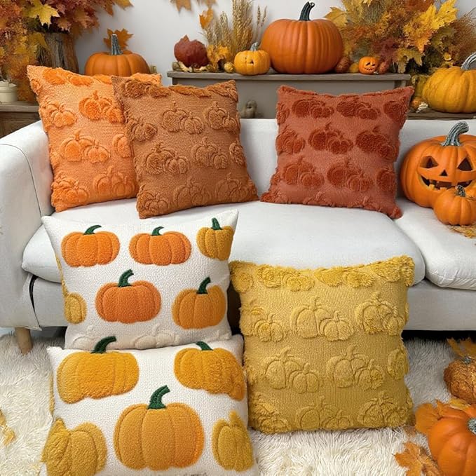 Booque Valley 4 Packs Fall Throw Pillow Covers Soft Plush Faux Fur 3D Embroidery Rust Pumpkin Decorative Pillowcases for Living Room Couch Bed Sofa, 18 x 18 inch, Harvest