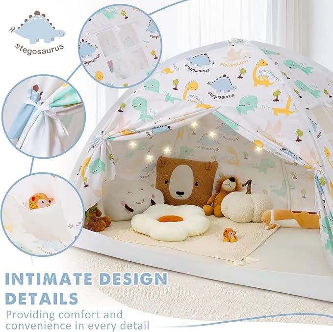 Twin Bed Tent for Kids, Twin Size Bed Canopy with Star Lights, Privacy Space Blackout Sleeping Tents, Indoor Breathable Portable Toddler Bed Tent for Boys and Girls, Dinosaur