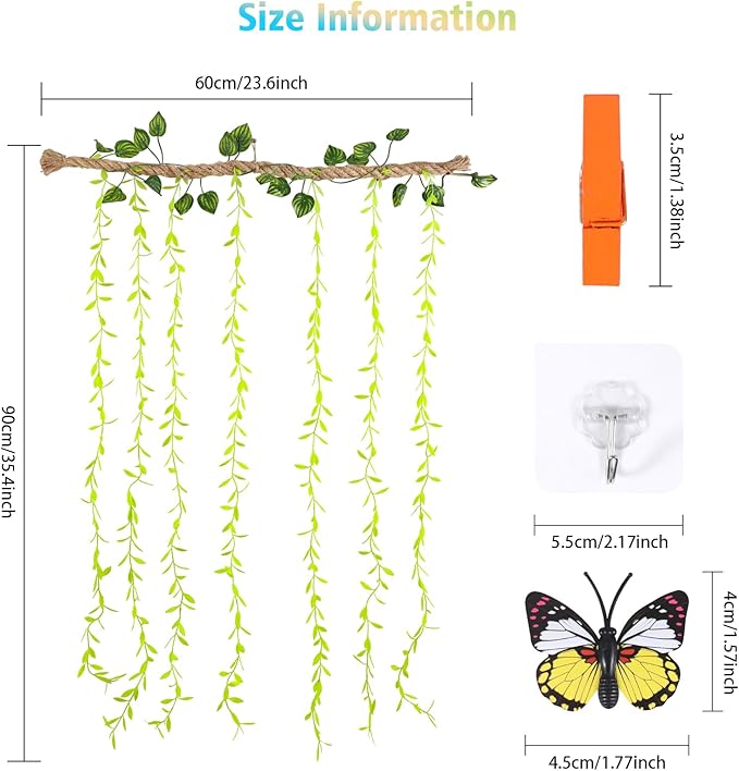 Wall Hanging Photo Display with Artificial Leaves Vines, Macrame Photo Holders, Boho Pictures Organizer for Wall Decoration, with 15 Wood Clips, for Home, Office, Classroom, Party, Wedding