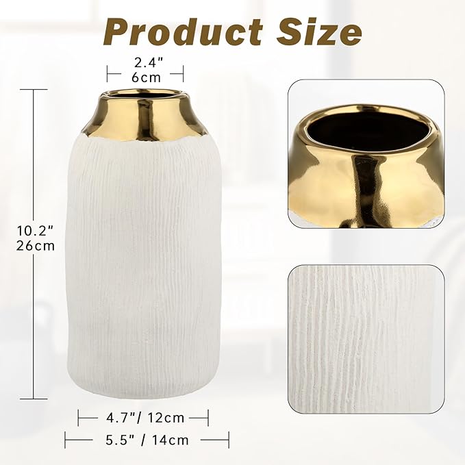 10.2" Ceramic Flower Vintage Vase - White & Gold Stripes Textured Ceramic Vase for Farmhouse Modern Home Decor Pampas Grass Centerpieces Living Room Bedroom Office Decoration