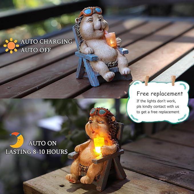 Miniature Hedgehog Figurine Solar Resin Statue for Outside Garden Lawn Yard Patio Home Office Decorations, Ideal Ornaments Birthday Gifts for Mom Women Grandma