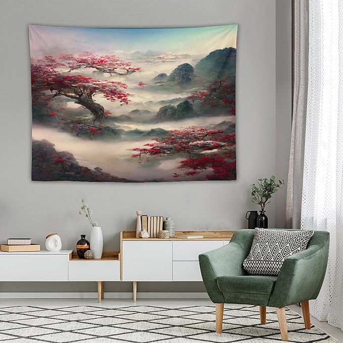 Japanese Tapestry, Red Plum Cherry Blossom Mountain, Nature Landscape, Bedroom & Living Room Decor, 80"x60"