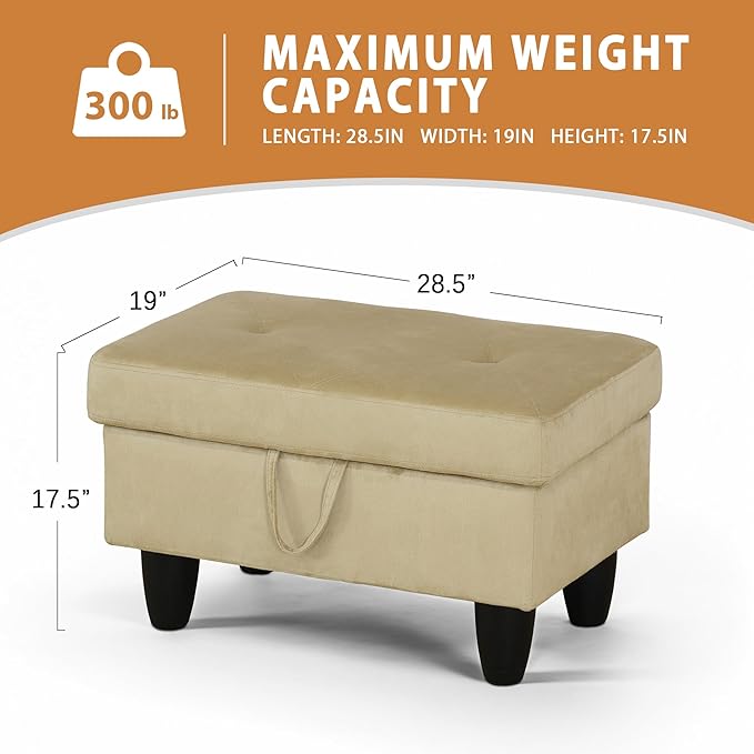 Ottoman Rectangular Storage Ottoman Bench, Flannel Footrest Stool Footstool with Lid for Living Room, Bedroom, Entryway, Light Brown, 28.5"x19"x17.5"