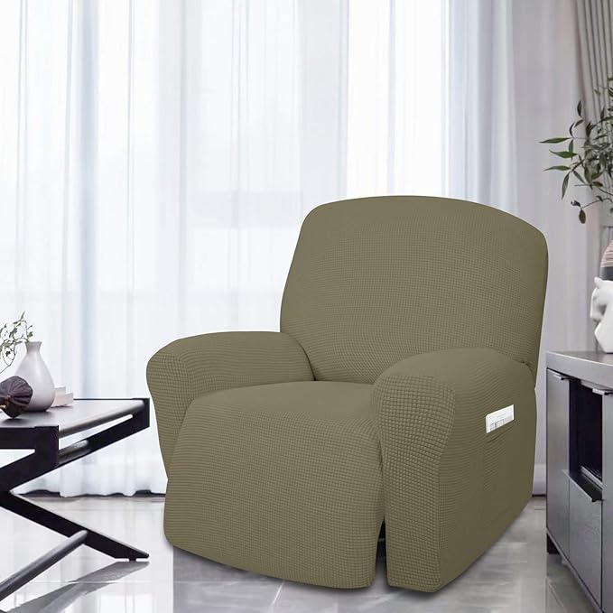 Easy-Going 4 Pieces Oversized Recliner Stretch Sofa Slipcover Sofa Cover Furniture Protector Couch Soft with Elastic Bottom Polyester Spandex Jacquard Fabric Small Checks Khaki,X-Large