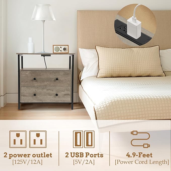 27 inch Wide Night Stand Set 2 with Charging Station, Bedside Table with Open Shelf, 2 Drawers Small Wood Dresser, Modern Wood Nightstand for Bedroom/Living Room (Rustic Gray)