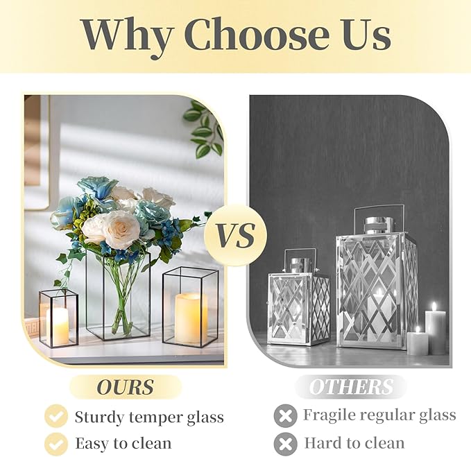 Glass Hurricane Candle Holder Large - Hewory 6pcs Black Rectangle Flower Holders Centerpiece for Table, Tall Floor Square Pillar Candle Lantern for Wedding, Anniversary, Party, Fireplace, Dining Room