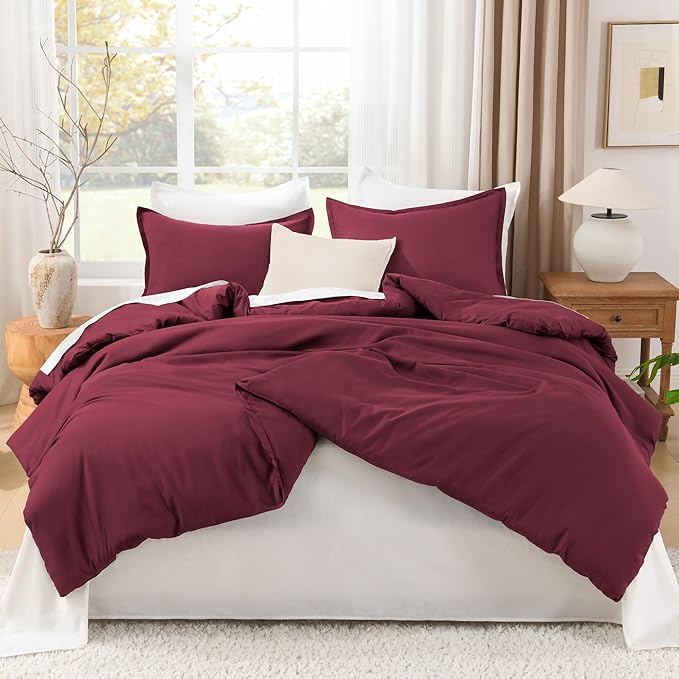 Litanika Burgundy Red Comforter Set California King Size, 3 Pieces Cal King Lightweight Solid Bedding Comforter Set, All Season Fluffy Bed Set (104x96In Comforter & 2 Pillowcases)