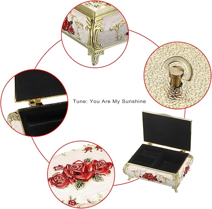 ELLDOO Vintage Music Box, Beige Metal Musical Jewelry Box Keepsake Box, Small Trinket Jewelry Storage Box Gift for Girl Women (Tune: You are My Sunshine), Red Rose Pattern