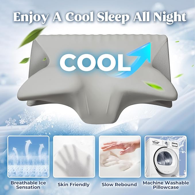 Cervical Pillow for Neck Pain Relief, Cooling Contour Memory Foam Pillows Support Odorless Ergonomic Neck Pillow Adjustable Orthopedic Bed Pillow for Side Back Stomach Sleeper with Pillowcase