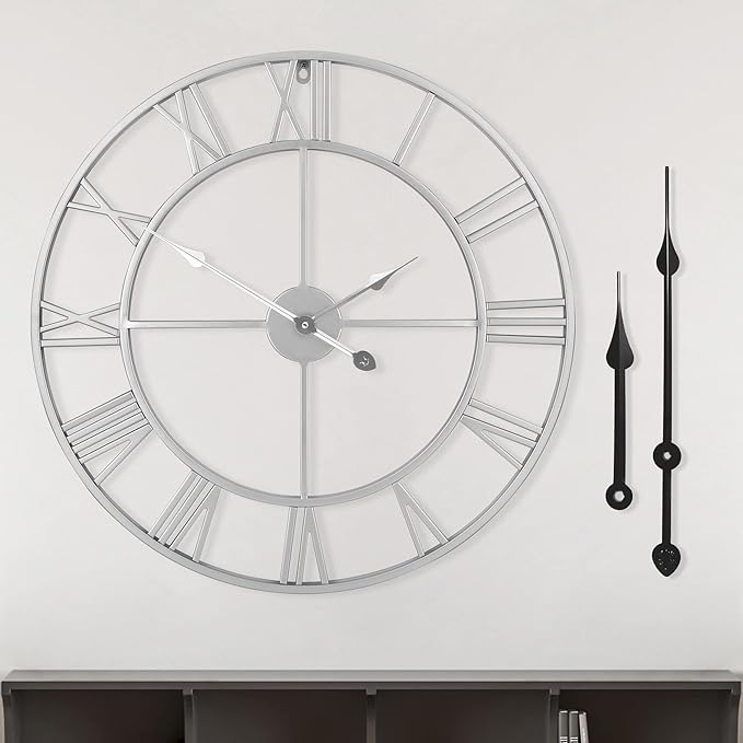 LEIKE 24" Modern Large Wall Clocks,Vintage, Round,Silent Non Ticking,Battery Operated,Silver Metal Roman Numerals Clock for Living Room/Bedroom/Kitchen Decor