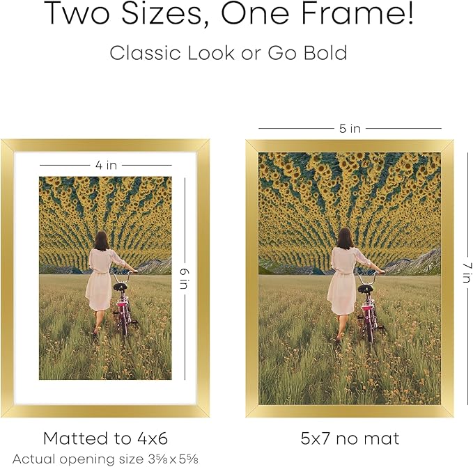 Homeforia 5x7 Picture Frame Gold, High End Metal 5 x 7 Gold Frames with Mat 4 x 6 for Print, 5by7 Desk Frame Matted to 4x6 inch Photo, 5 by 7 Wall or Tabletop Frame, Tempered Glass, Wall Kit, Set of 1