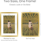 Homeforia 5x7 Picture Frame Gold, High End Metal 5 x 7 Gold Frames with Mat 4 x 6 for Print, 5by7 Desk Frame Matted to 4x6 inch Photo, 5 by 7 Wall or Tabletop Frame, Tempered Glass, Wall Kit, Set of 1